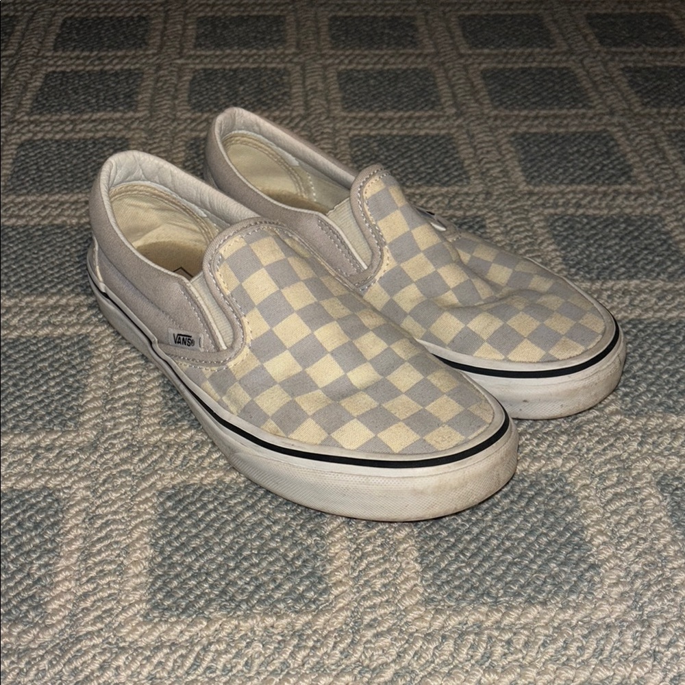 Vans Cream and Gray Checkered Slip-Ons